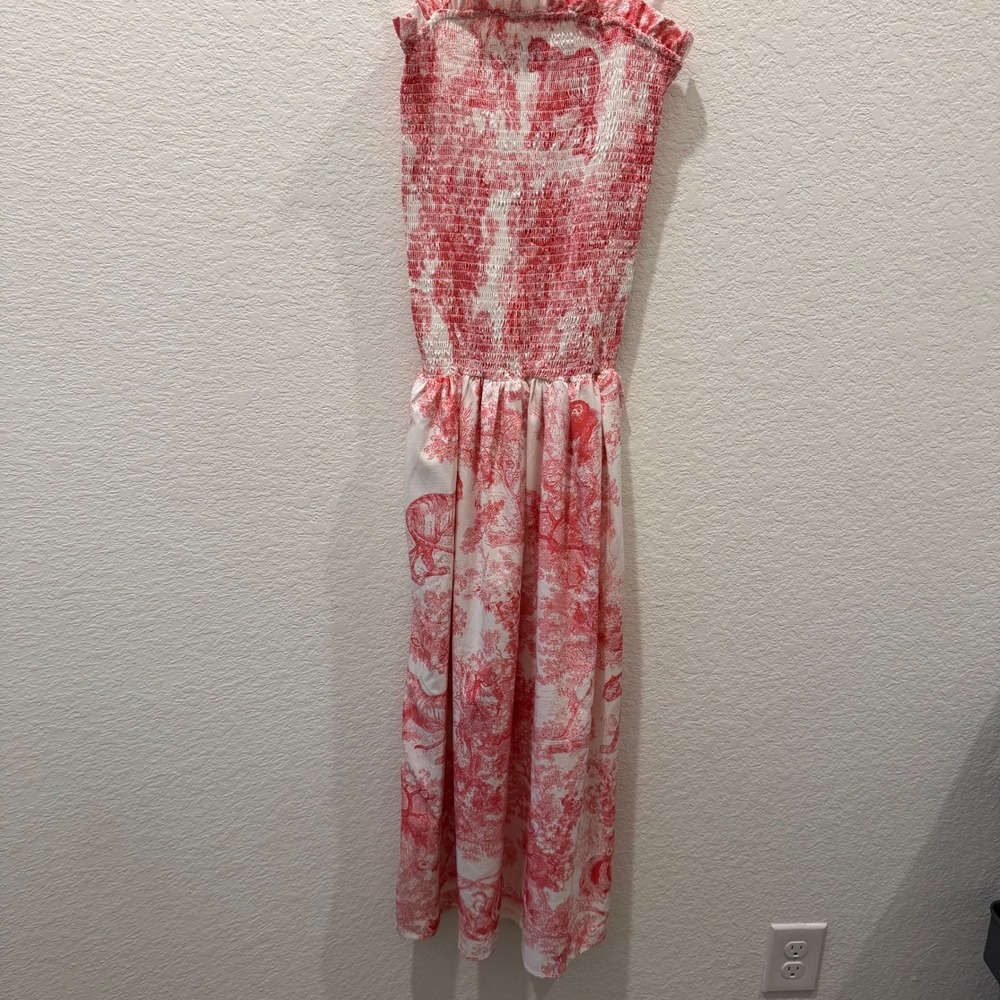 Sunday Up Red White Toile De Jouy Smocked Midi Dress Jungle Animals L Small